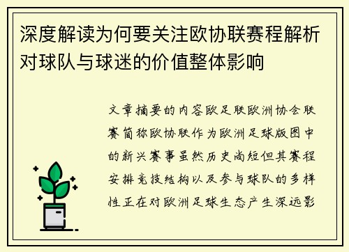 深度解读为何要关注欧协联赛程解析对球队与球迷的价值整体影响